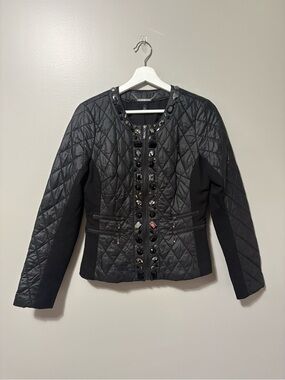 White House Black Market Embellished Quilted Jacket Black Full Zip Waist Length